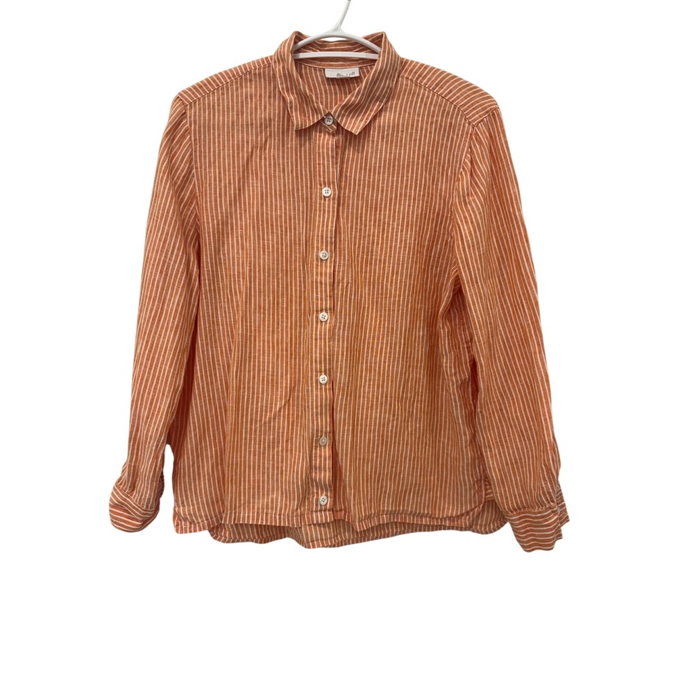 J.Jill Love Linen Orange White Striped Button Front Shirt 100% Linen Petite Sz S